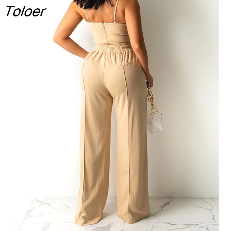 Toloer 2PCS Women Sexy Zipper Back Cami Top Wide Legs Contrast Pipping Long Pants Set Elegant Workwear Casual Two Piece Suits Ropa