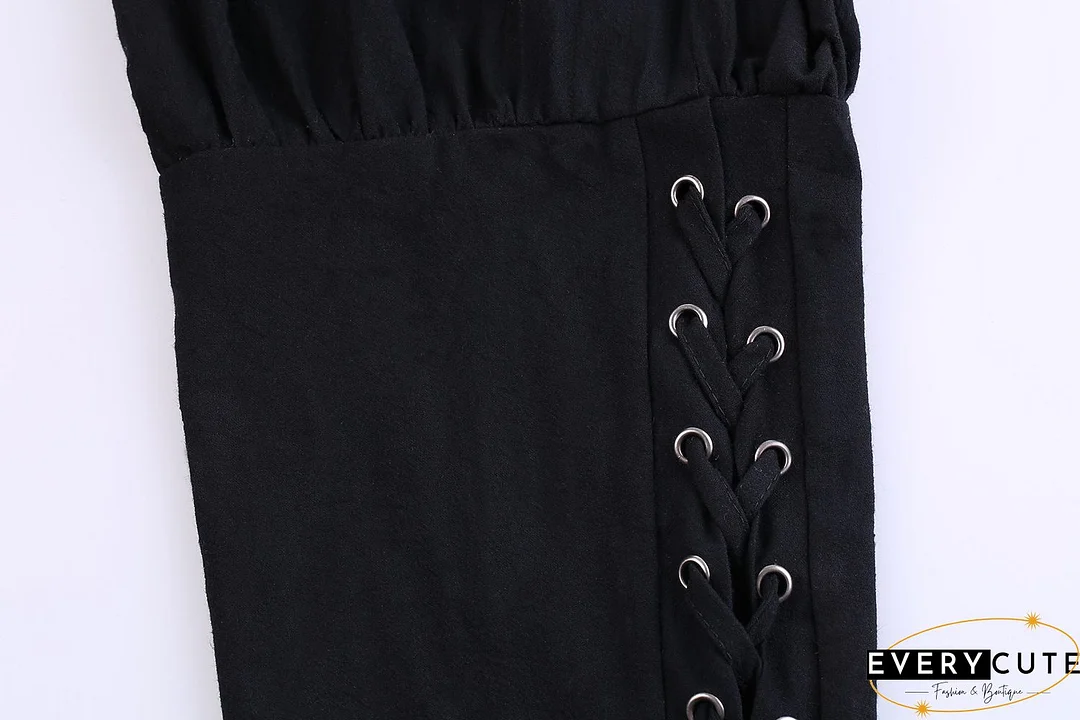 Pure Color High Waist Pockets Casual Lace up Pants