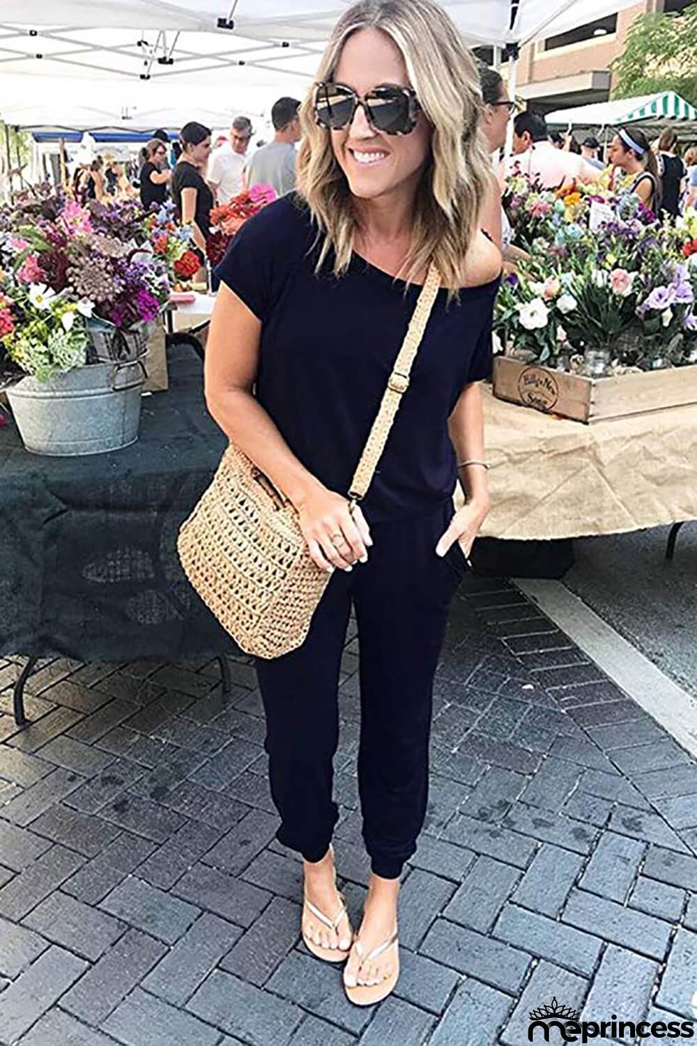 Women's Loose Fit Off Shoulder Jumpsuit Rompers with Pockets