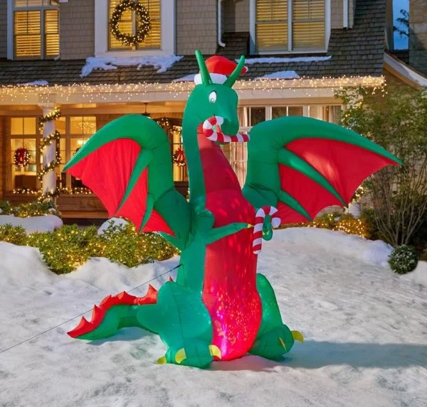 🔥kukelife🔥Christmas-9 ft animated inflatable kaleidoscope dragon with santa hat