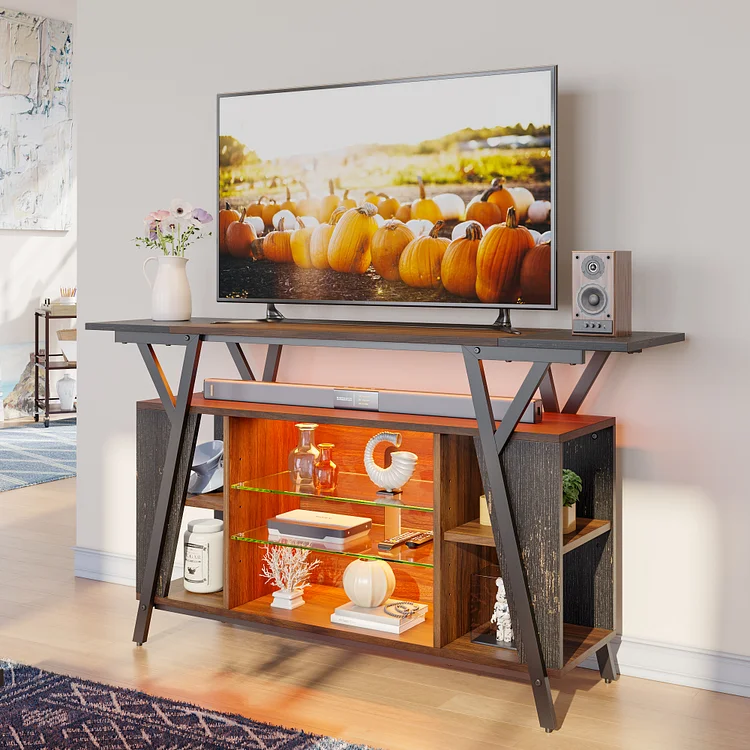 Bestier LED TV Stand with Power Outlets for TVs up to 65" Console Table with Open Storage, Walnut