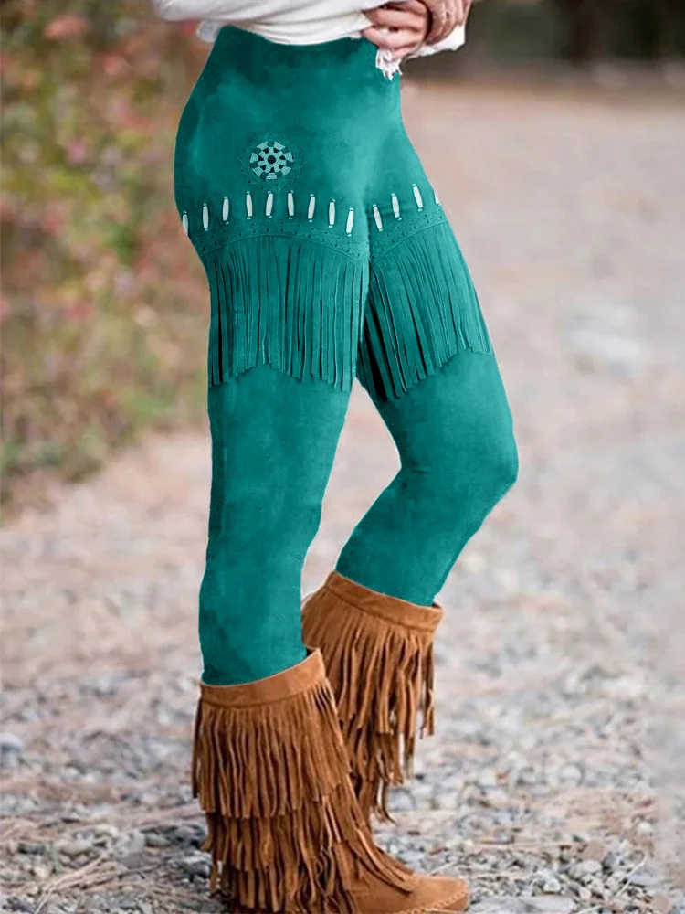 Comstylish Western Vintage Fringe Art Casual Leggings