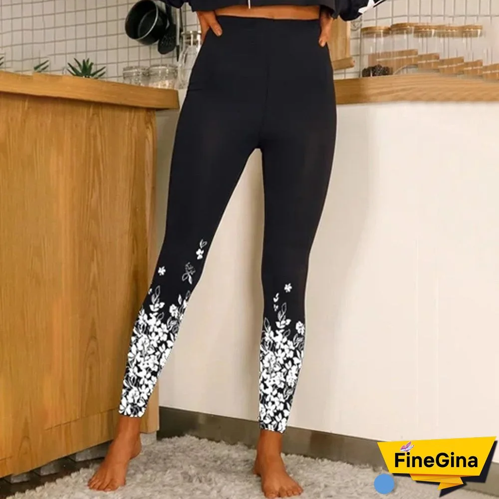 Women Elastic Flower Printed Slim Pants