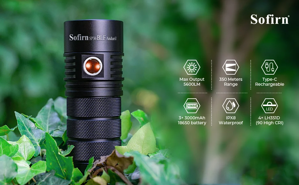 Sofirn SP36 BLF Anduril 2.0 Rechargeable Flashlight 5650 lumens, 4*LH351D  LEDs and Powerbank Output