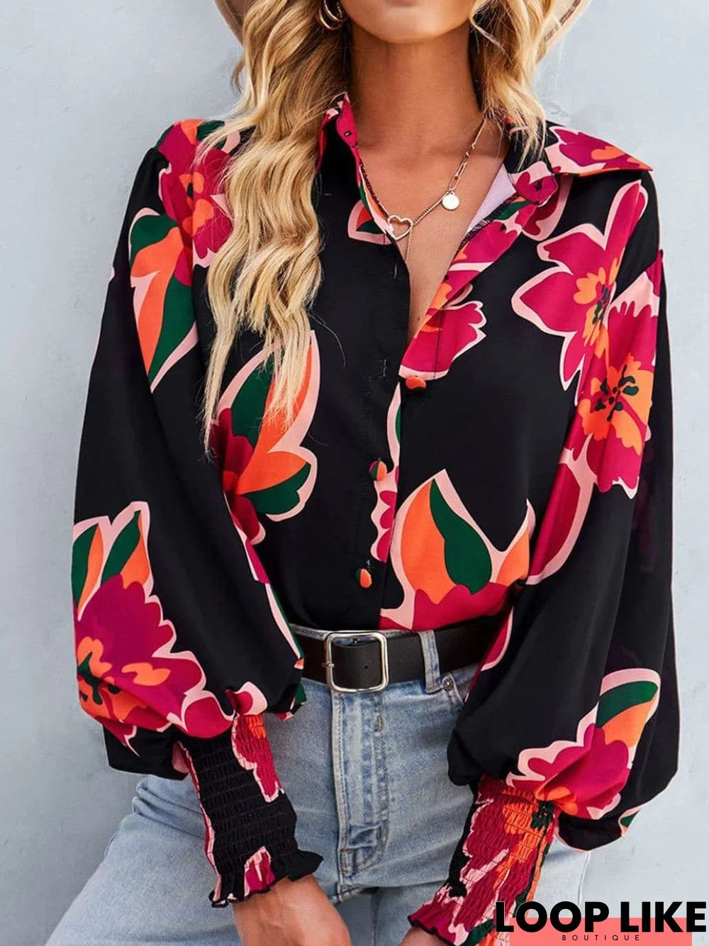 Loose Floral Casual Shirt Collar Blouse