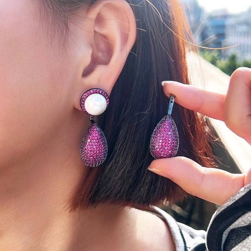 1 Pair Vintage Style Vacation Round Water Droplets Inlay Copper Pearl Zircon Drop Earrings