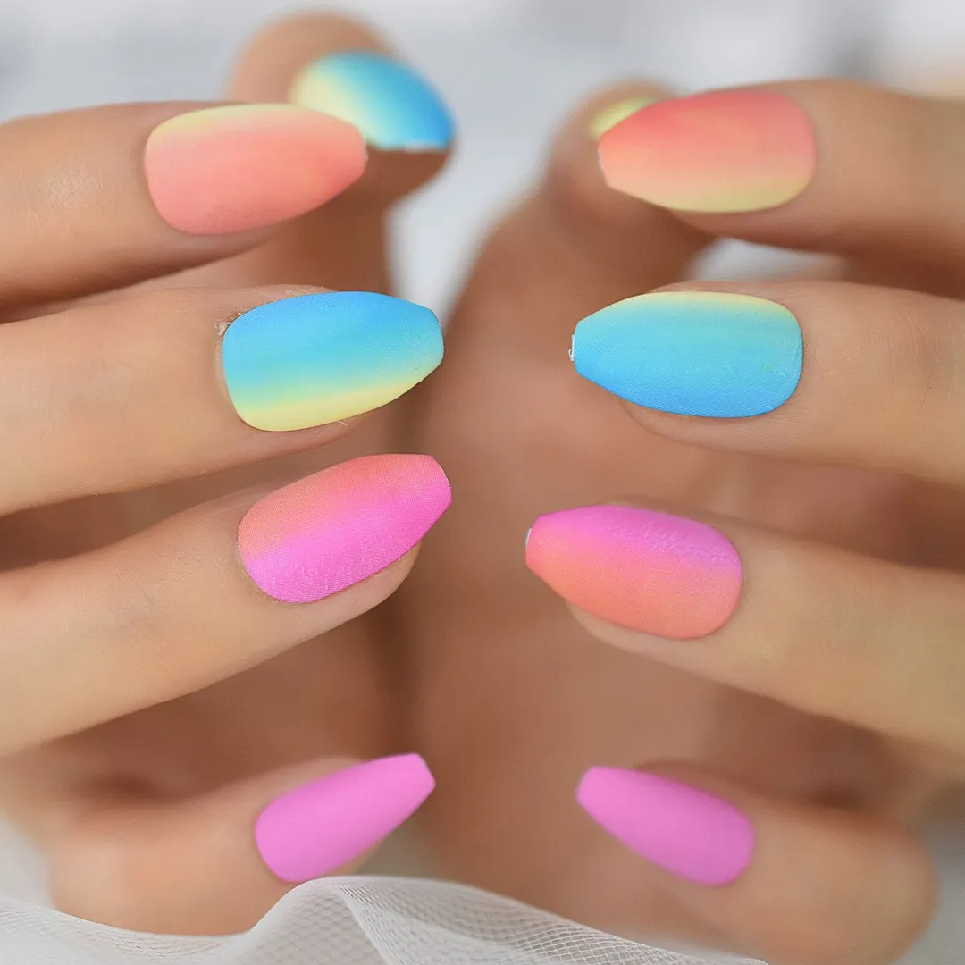 Medium Coffin Rainbow Nails Colorful Neon Mixed Gel Tips Decoration Nails False Hand Dummy Stick On Nails Full Cover Nails IMABC-Nail Inspo