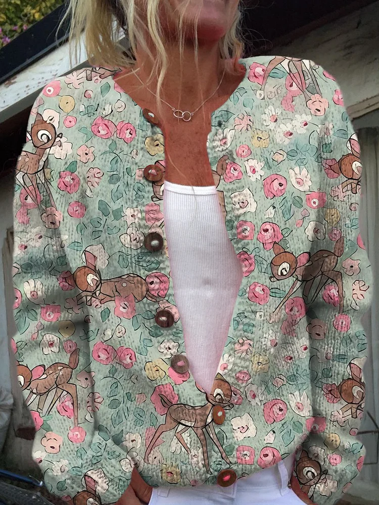 Deer In The Flowers Art Print Buttoned Cardigan Sweater