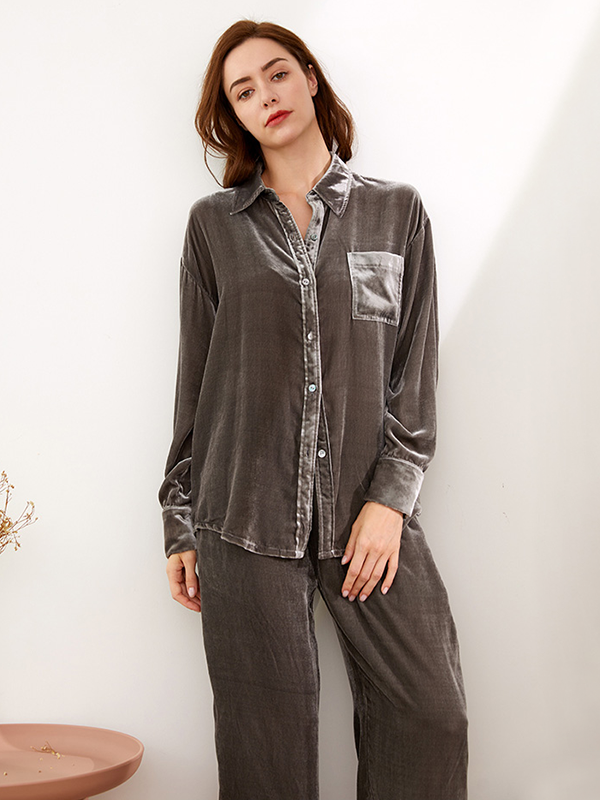  Long Sleeve Velvet Silk Pajamas Gray Silk Pajamas