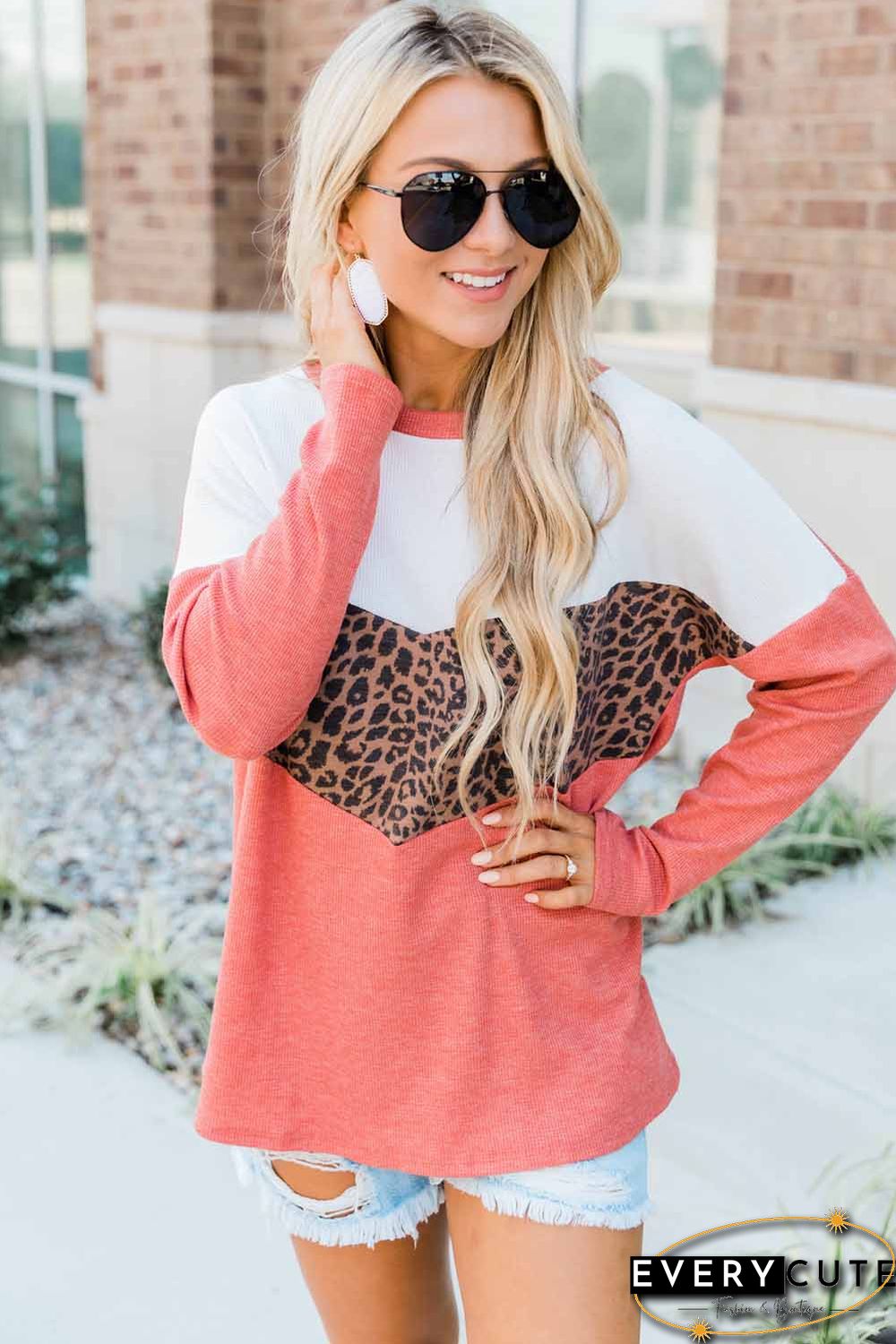 Red Leopard Print Stitching Color Block Long Sleeve Top