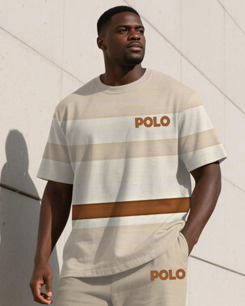 Men's Plus Size Khaki Colorblock Striped Alphabet Print T-Shirt Trousers Suit