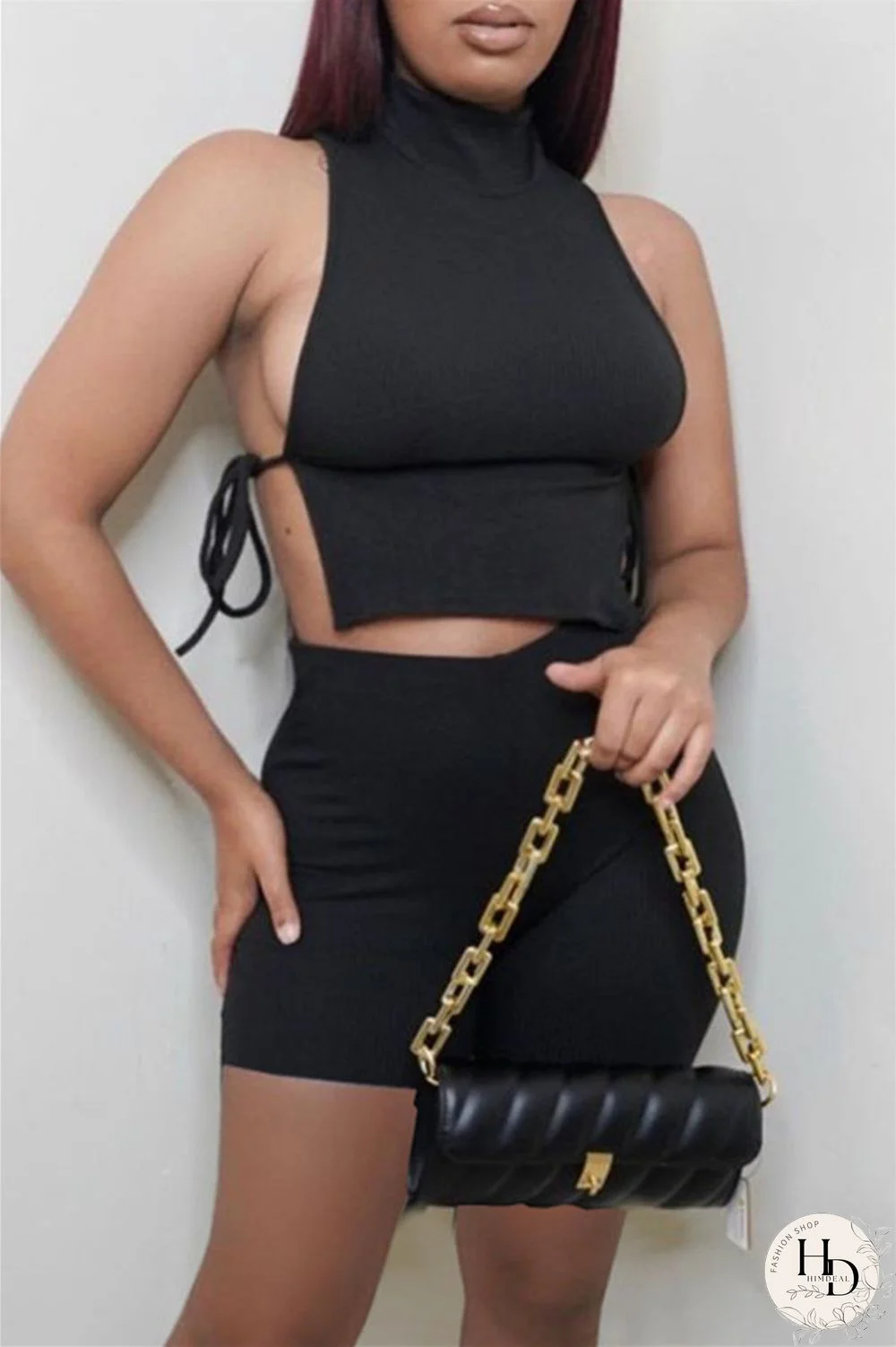 Water Blue Fashion Casual Solid Strap Design Turtleneck Sleeveless Two Pieces