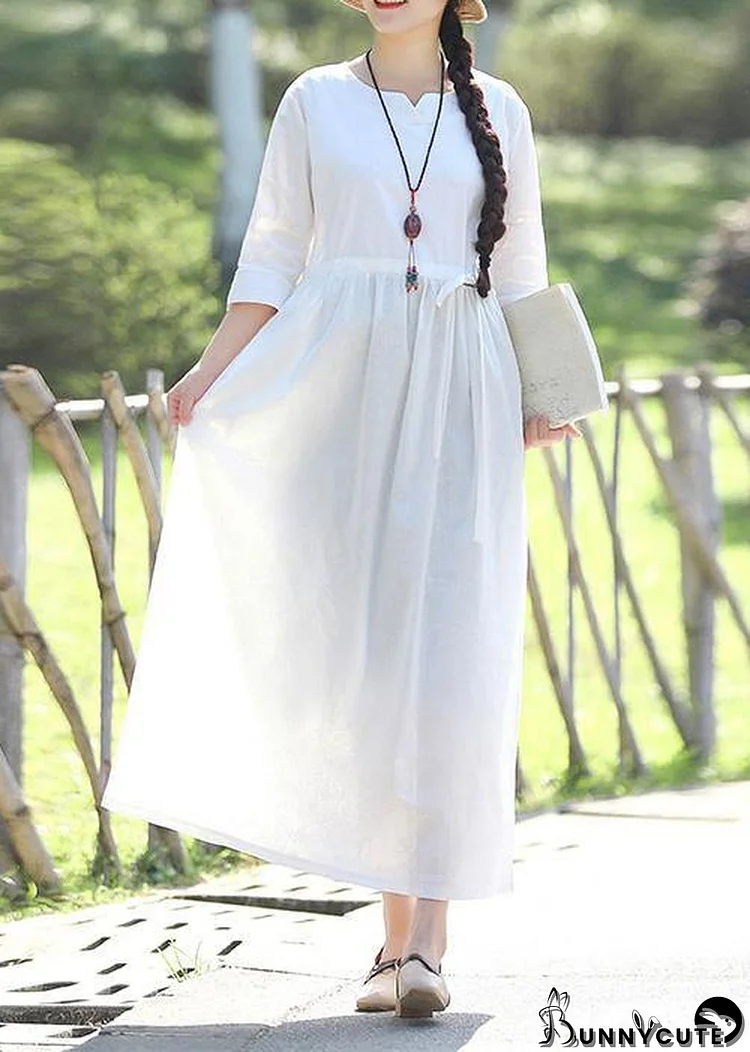 Women v neck Three Quarter sleeve linen cotton Long Shirts Vintage Tutorials white Traveling Dresses Summer