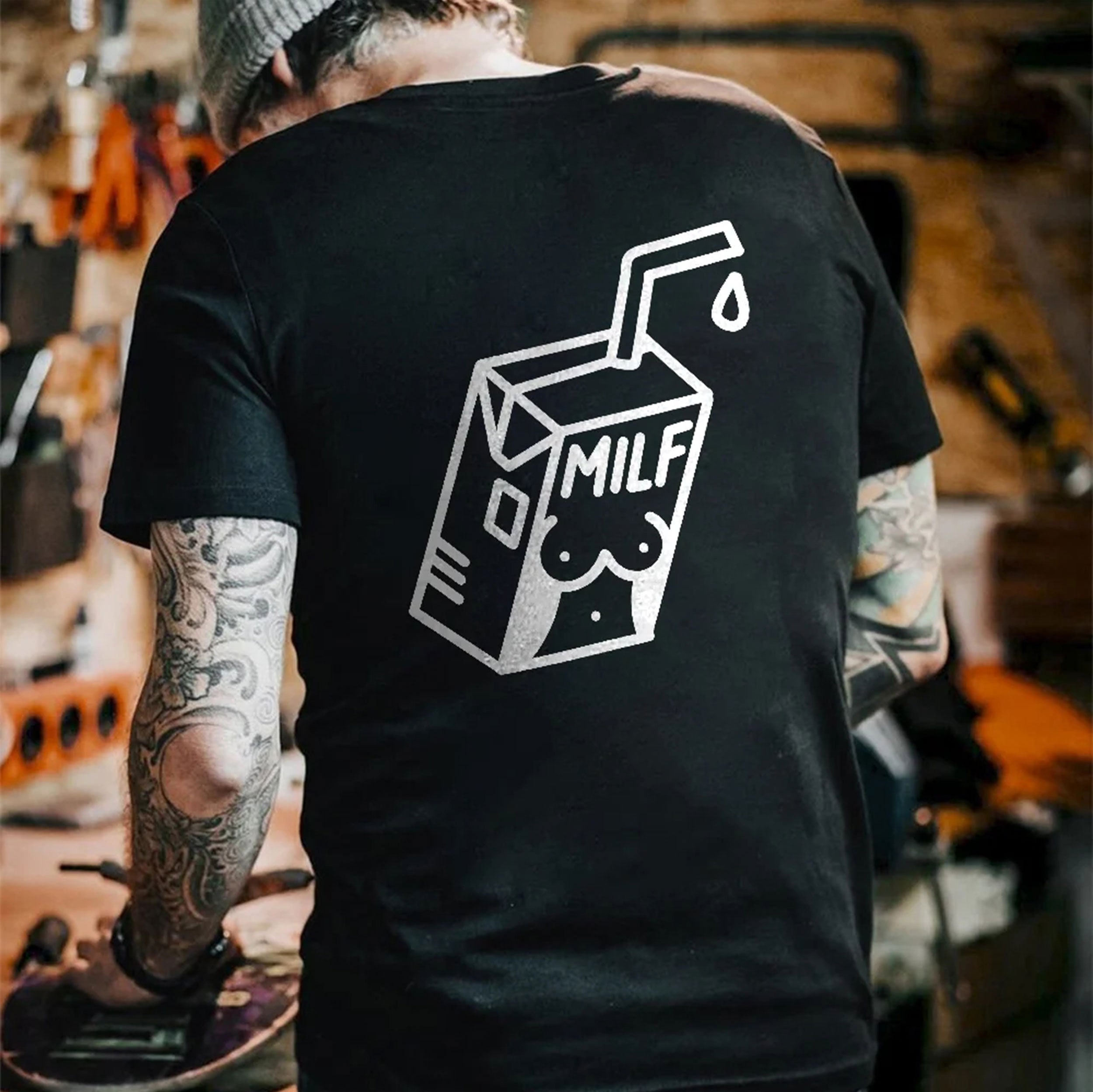 MILF Sexy Lady Outline on the Milk Box Graphic Black Print T-shirt