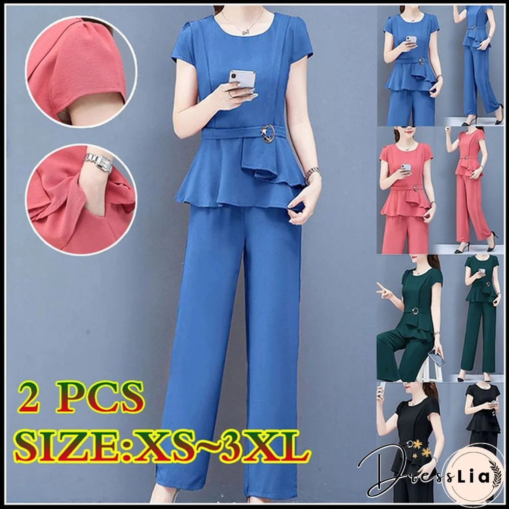 Summer 2 Two Piece Sets Outfits Women Plus Size Short Sleeve Tunics Tops And Pants Suits Office Elegant Korean Sets