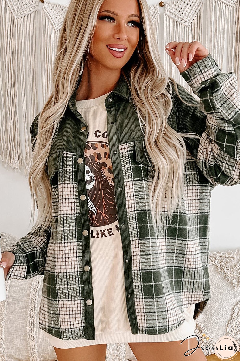 Green Plaid Corduroy Jacket with Pockets