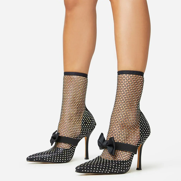 Elegant Stiletto Rhinestones Pump Classy Pointed Toe Bow Heels Party Mid-Calf Net Boots |FSJ Shoes