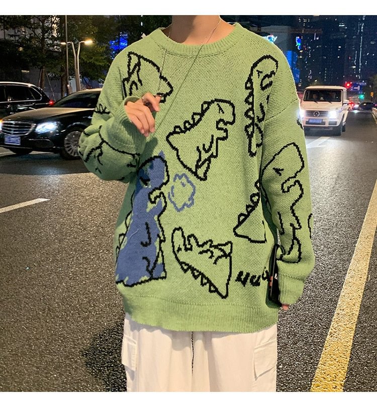 Oversize Green Sweater Women Fashion Y2K Dinosaur Printed Top Harajuku 90s Knit Sweater Loose Casual Pullover Winter Jumper