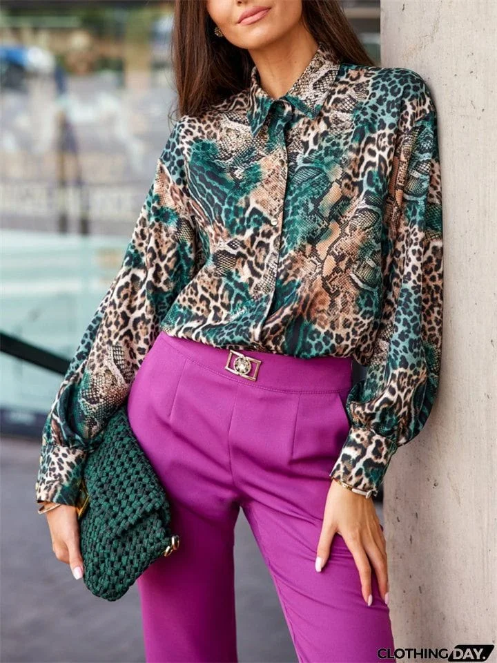 Ladies Chic Relaxed Print Comfortable Long Sleeve Blouse