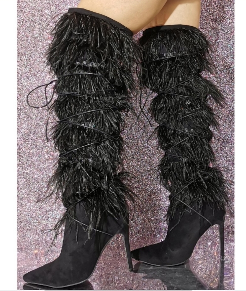 VCSHOES Black Faux Fur Boots Pointy Toe Heels Knee-high Boots Women Shoes