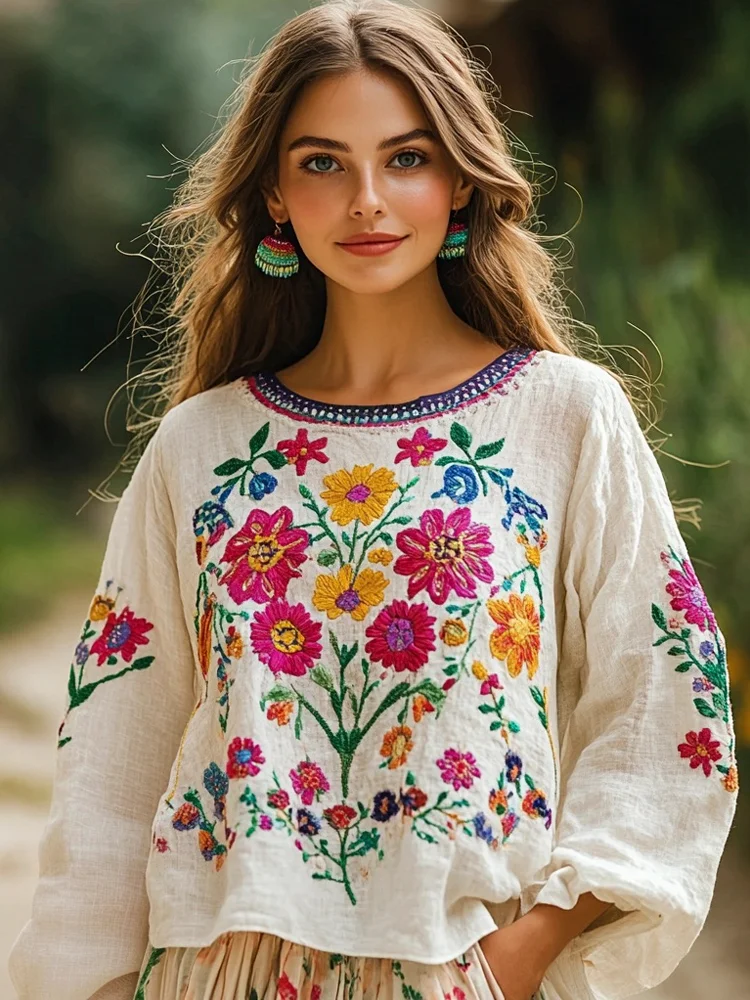 Utbros Vintage Bohemian Floral Embroidery Vacation Women's Linen Shirt