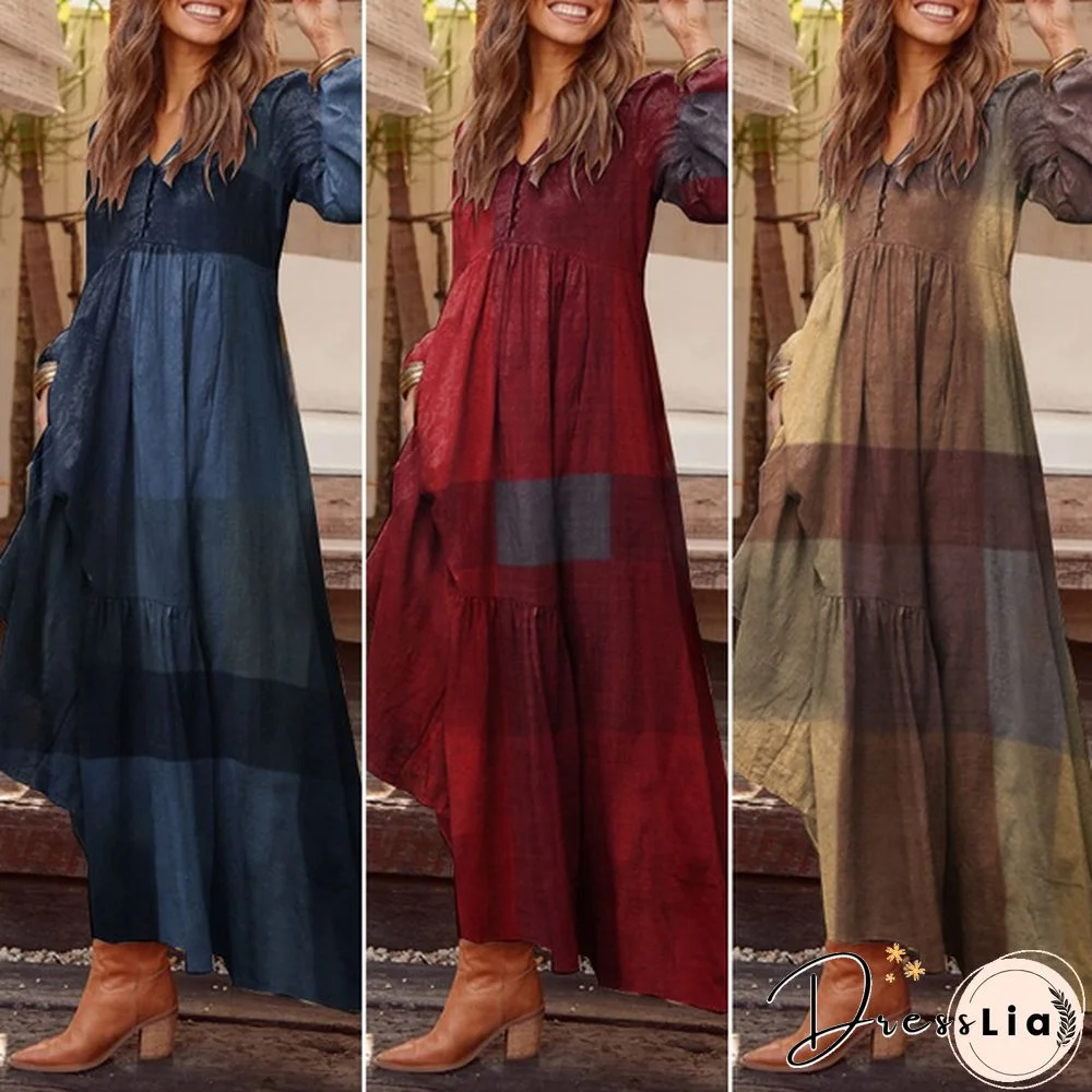 Zanzea Women Long Sleeve V-Neck Printed Kaftan Puff Sleeve Casual Loose Long Maxi Dresses Plus Size