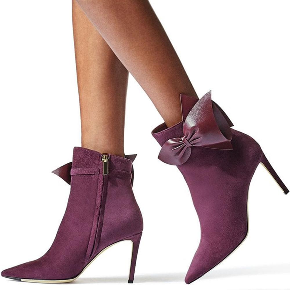 Purple Suede Closed Toe 3'' Stiletto Heel Ankle Boots with Bow Nicepairs
