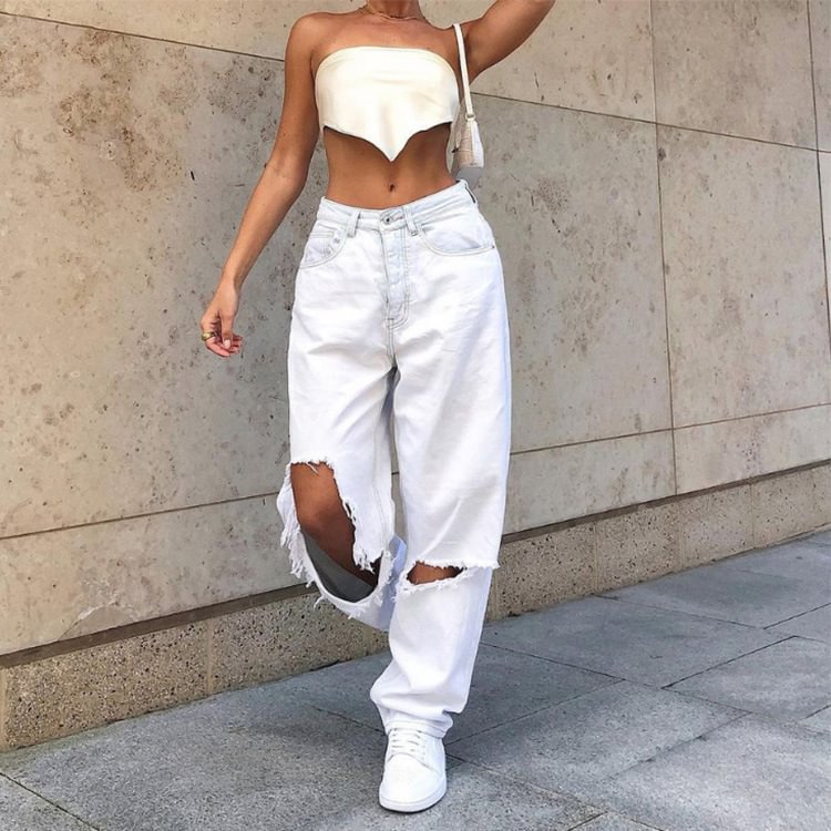 Women's Jeans Big Ripped White Trousers Mid Waist