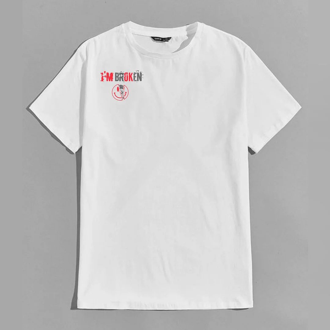 I’M BROKEN and Smiling Face Skull Graphic Casual Black and White Print T-shirt