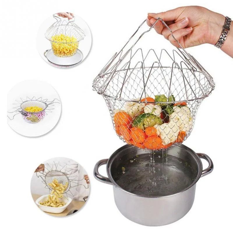 (Kitchen Helper) Stainless Steel Folding Expandable Fry Chef Basket