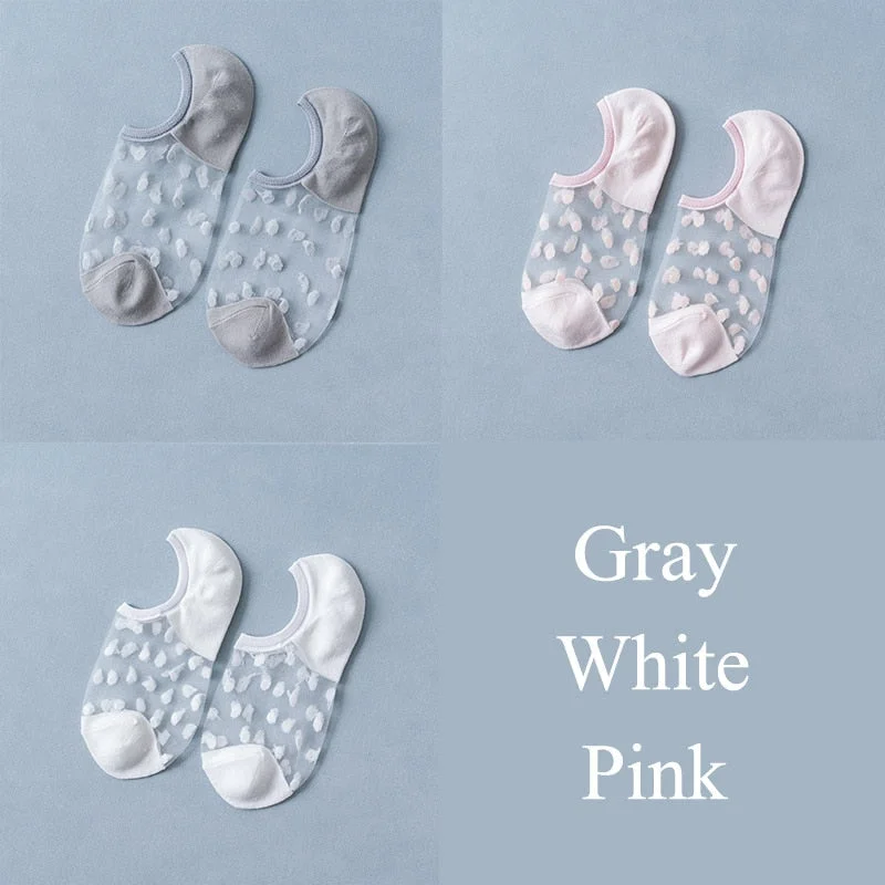 3 Pairs/Set Crystal Lace Socks Summer Women Transparent Lace Silk Flower Girls Elastic Invisible Short Boat Socks Female Sox