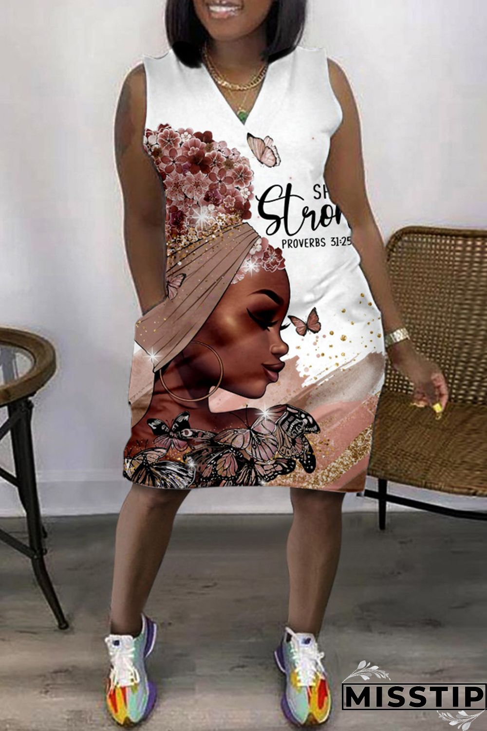 Green Fashion Casual Print Patchwork V Neck Sleeveless Plus Size Dress