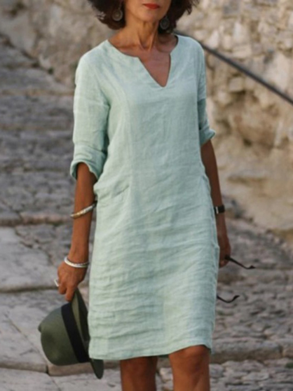 Older Women New Cotton and Linen Solid Color Slim V-neck Mid-sleeved Dress