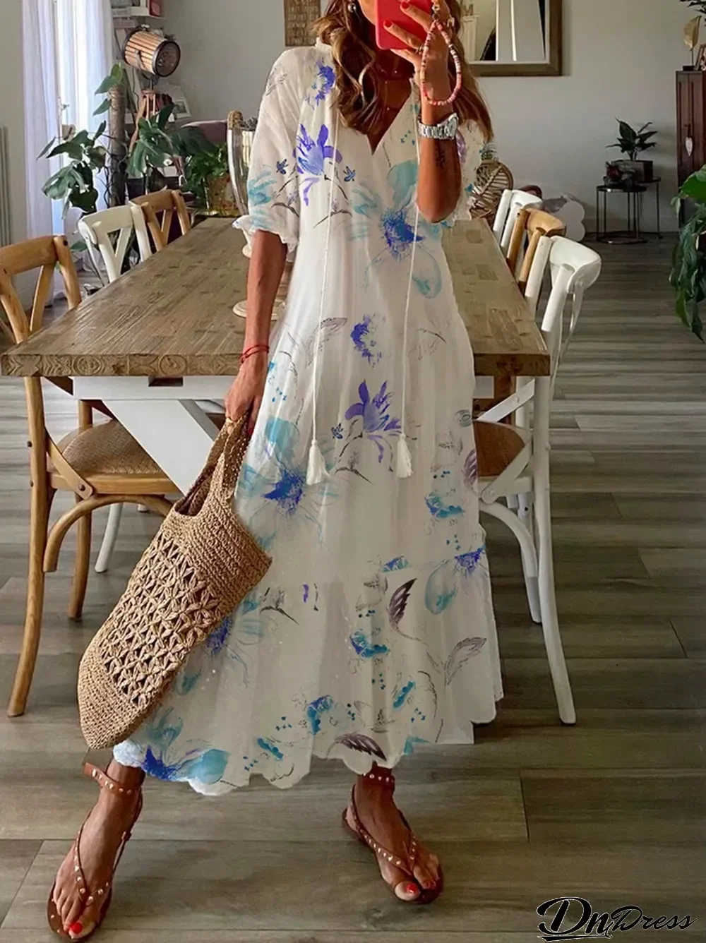Women's Shift Dress Short Maxi Dress half Sleeve Floral Print Summer Fall V Neck Casual dress 2022