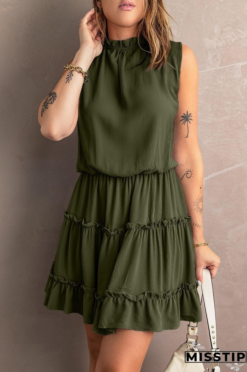 Tie Neck Frill Trim Sleeveless Mini Dress