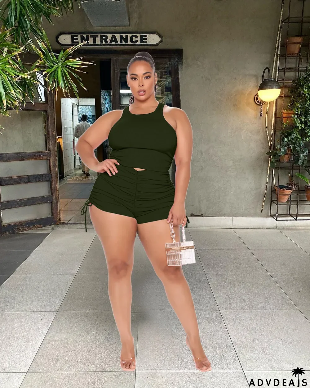 Plus Size Tank Tops And Ruch Shorts Two Piece Set