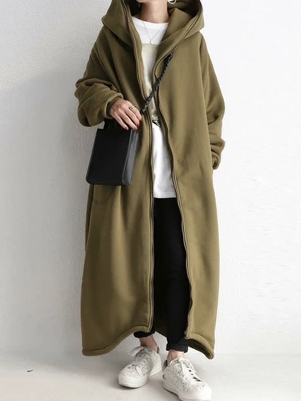 Urban Hooded Solid Color Zipper Batwing Sleeve Long Outerwear