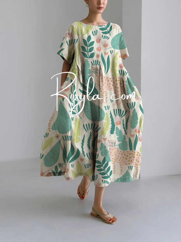 Women's Casual Plants Printing Loose Round Neck Medium Length Skirt Dress