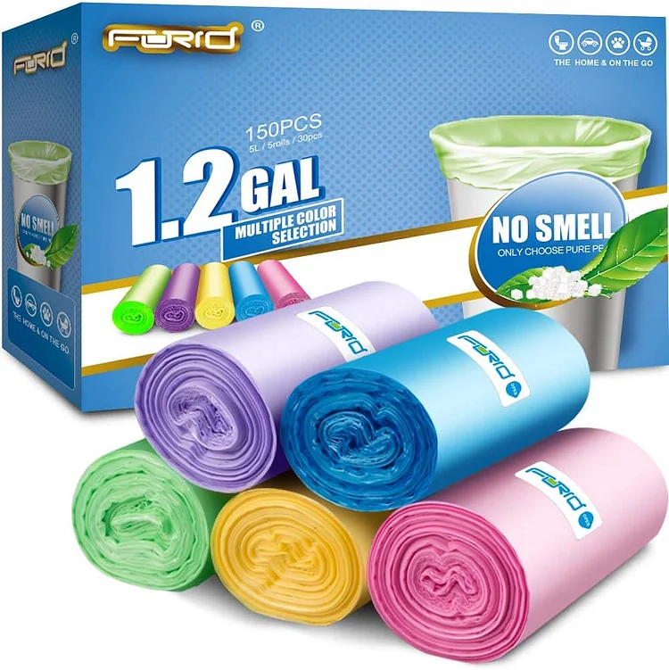 Small Trash Bag. 2.6 Gallon Garbage Bags FORID Bathroom Trash can Liners for Bedroom Home Kitchen 150 Counts 5 Color