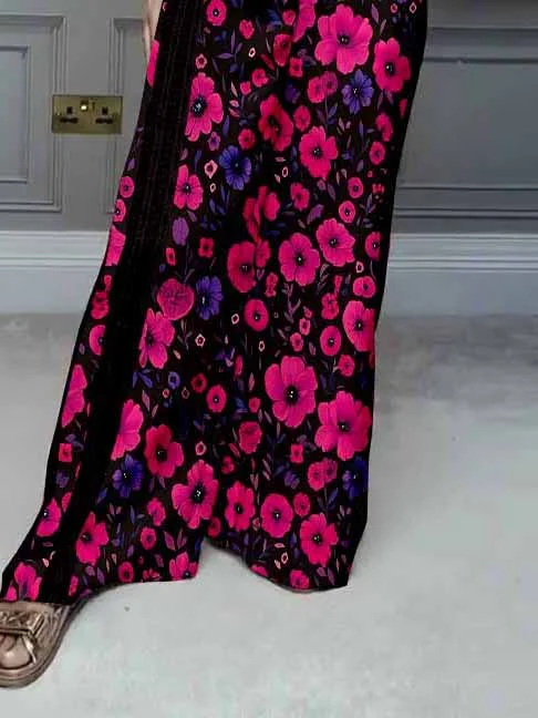 Women Floral, Red, Black DZDL1166 V-neck Short Sleeve Blouse and Pants Set