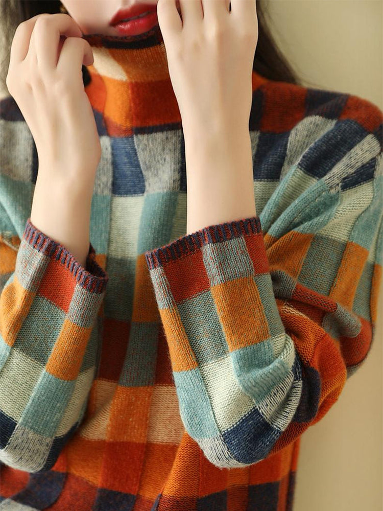 Autumn Checkerboard High Neck Sweater