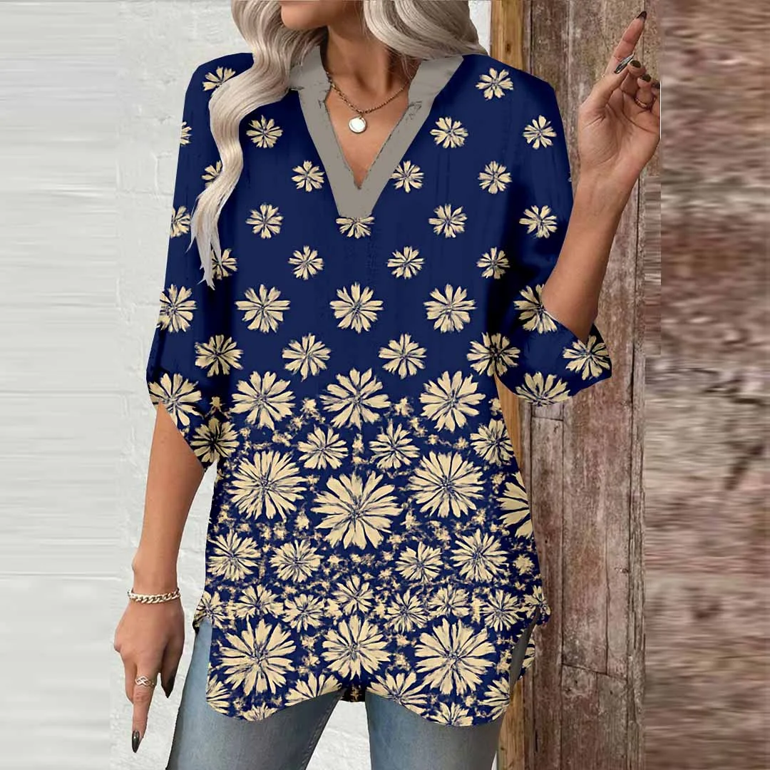 Women Floral, Blue DZGA0043 3/4 Sleeve V-neck Printed Graphic Button Tops