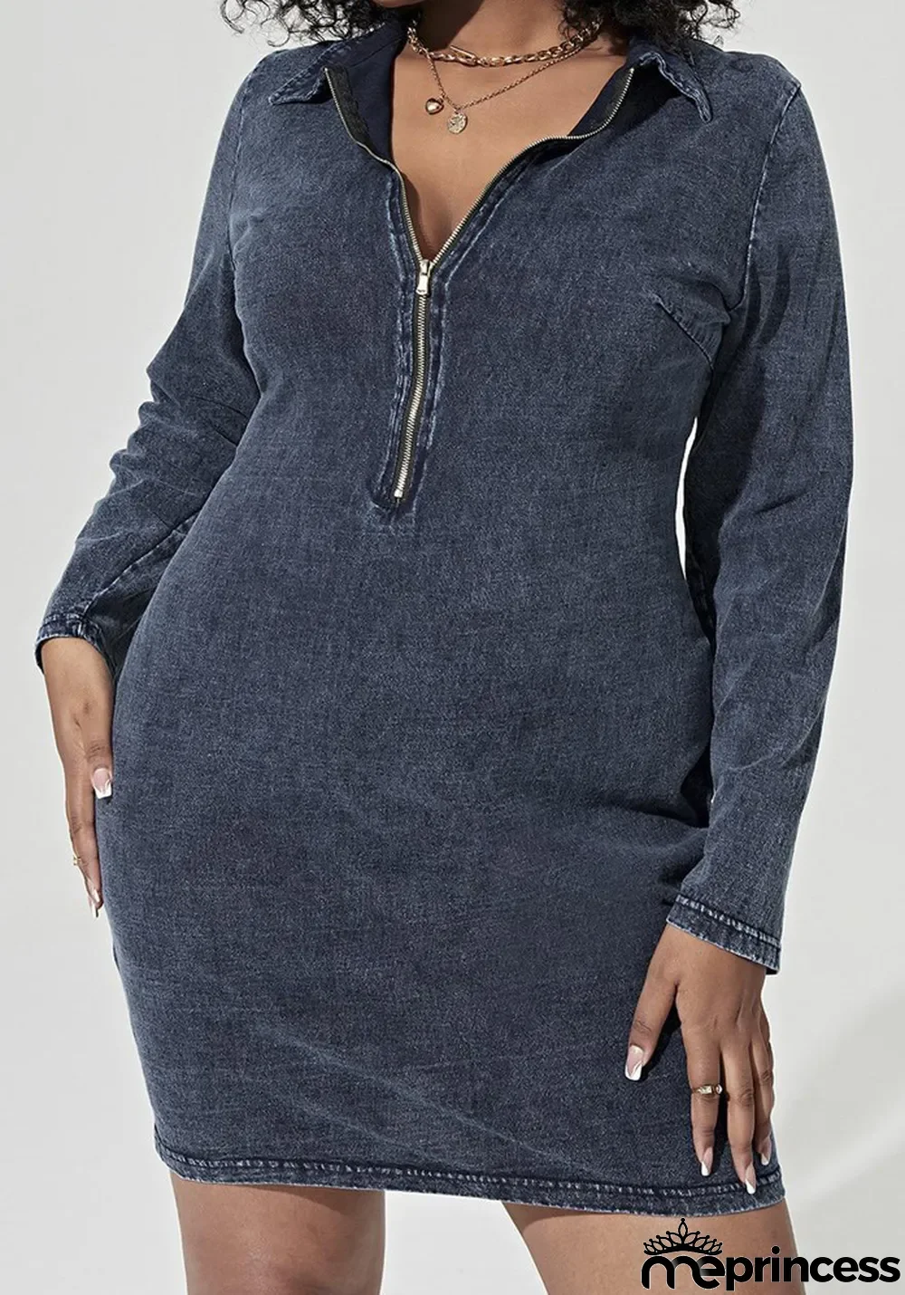 Women Autumn Grey Casual Turn-down Collar Full Sleeves Solid Denim Zippers Mini Straight Plus Size Casual Dress