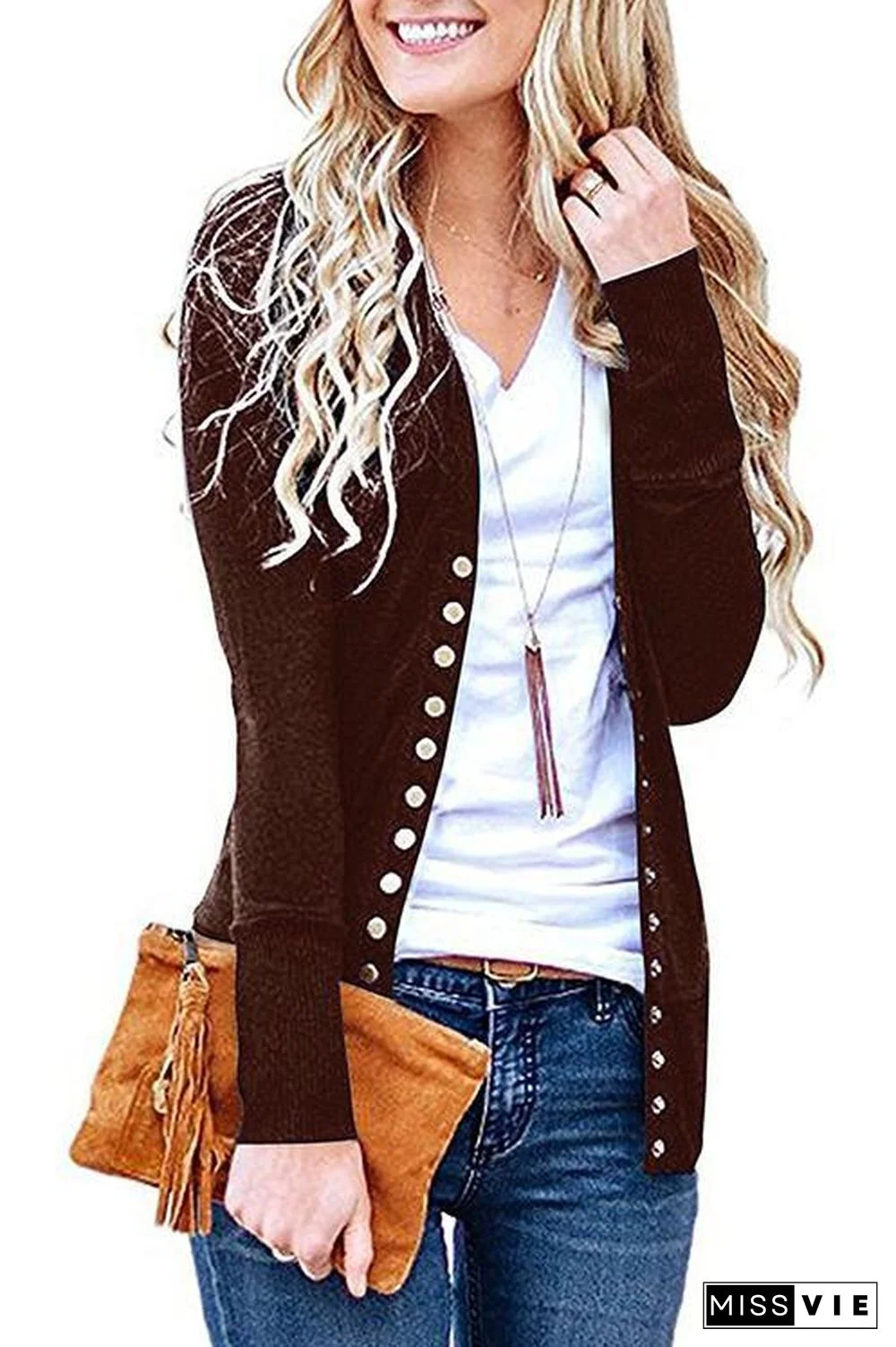 Design V-neck Long-sleeved Button Cardigan