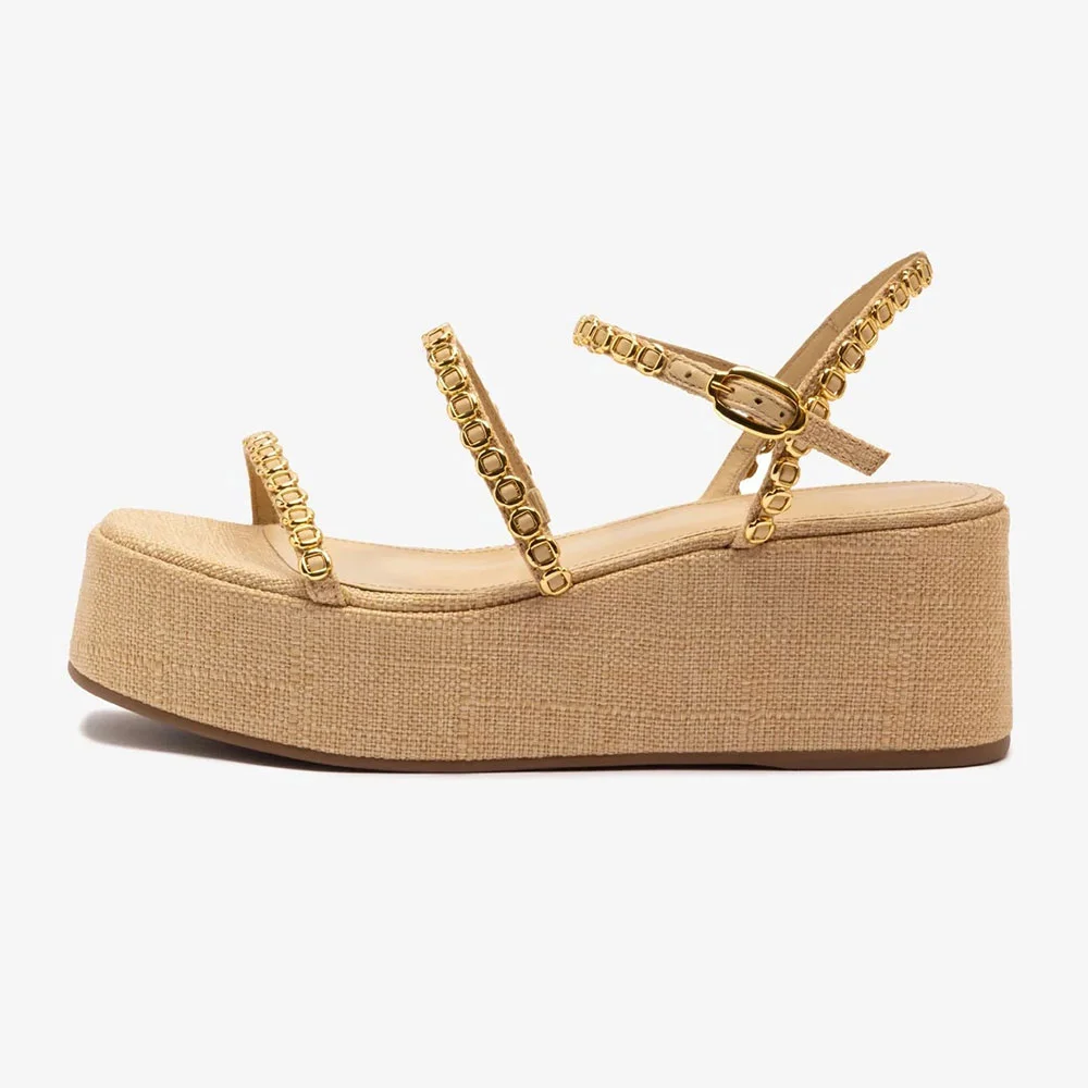 Beige Open Round Toe Gold Hardware Decor Strappy Platform Sandals