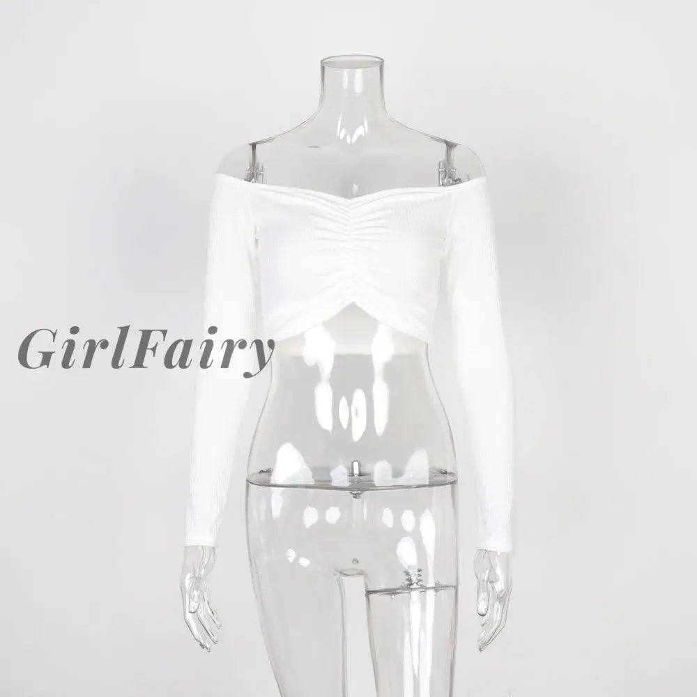 Girlfairy Long Sleeve Knitted Tops Sexy Slash Neck Elegant T-Shirts For Women Fashion Solid Color