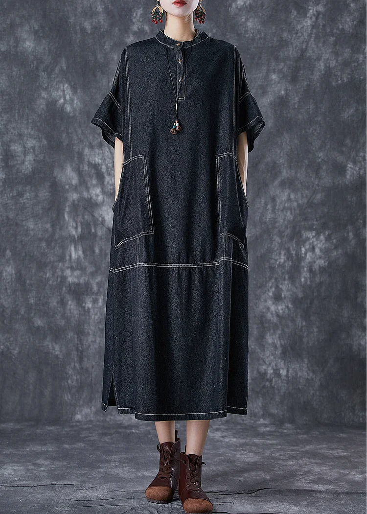 Black Denim Vacation Dresses Stand Collar Pockets Summer