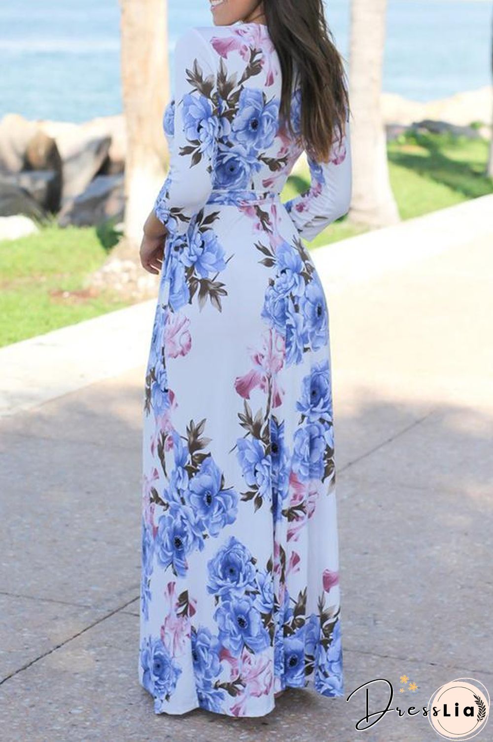 Mixed Color Flower Printed V Neck Maxi Dress