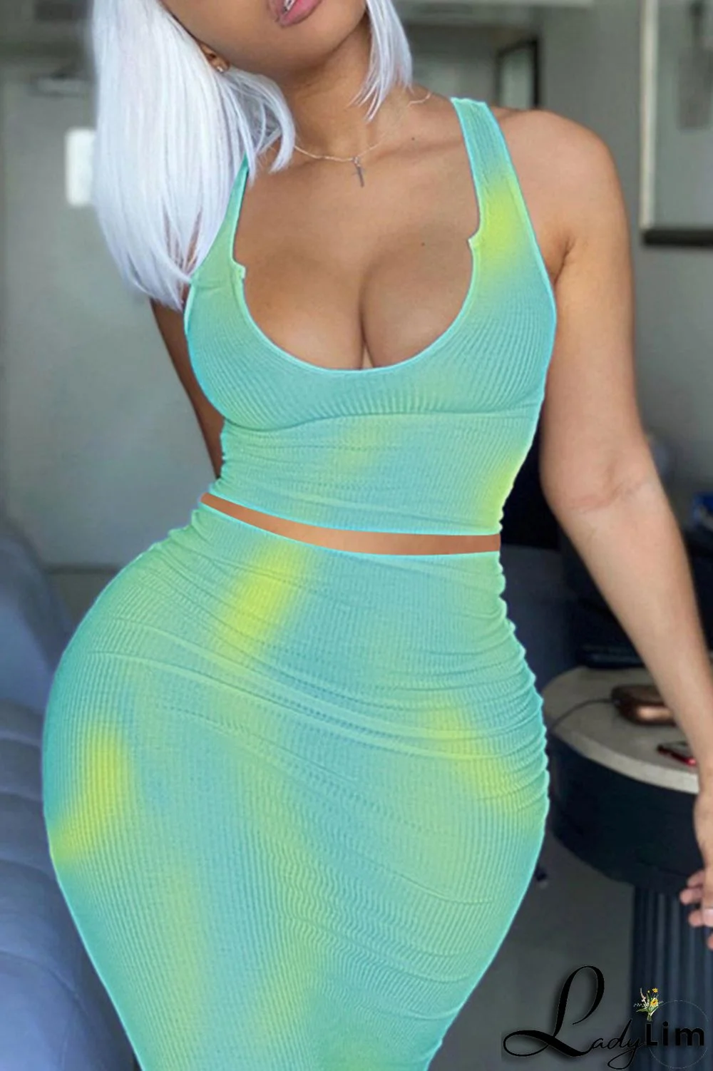 Green Fashion Sexy Print Tie-dye U Neck Sleeveless Two Pieces