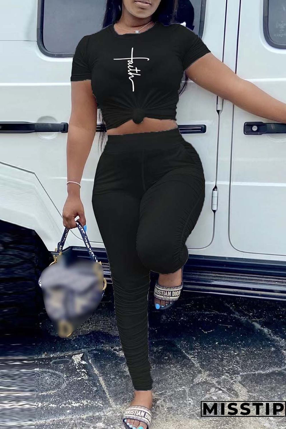 Orange Casual Print Fold O Neck Short Sleeve Two Pieces